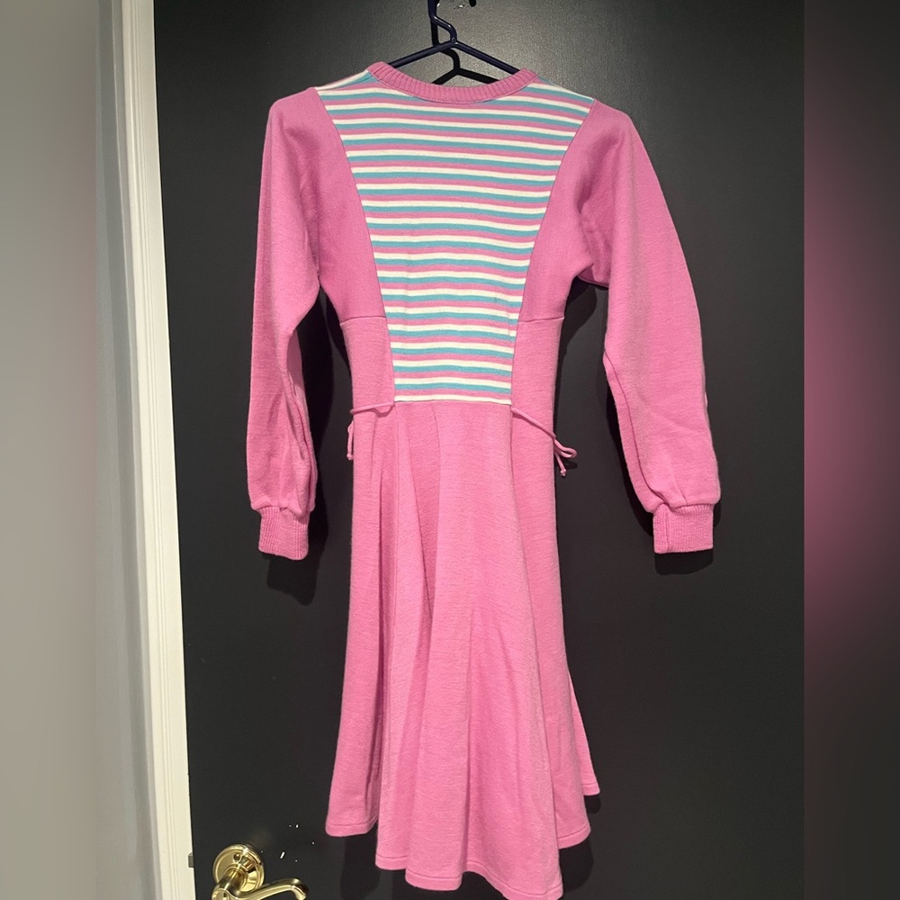 VTG Long Sleeve Pink Dress with Green Pink and White Stripe Design Fit and Flare